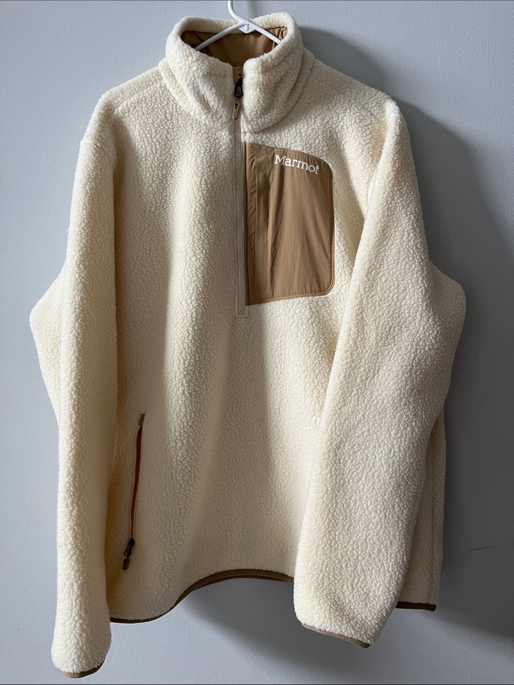 Marmot XL Sherpa fleece half zip white brown cozy winter minimalist jacket